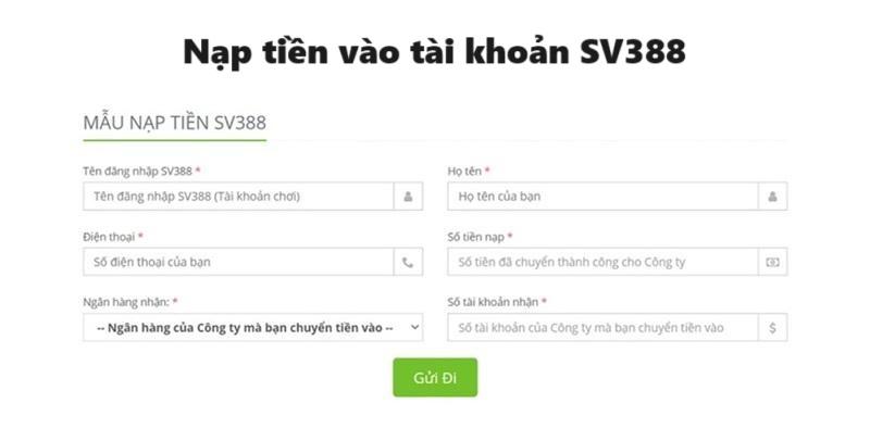 Giao diện nạp tiền vào tài khoản cá cược SV388